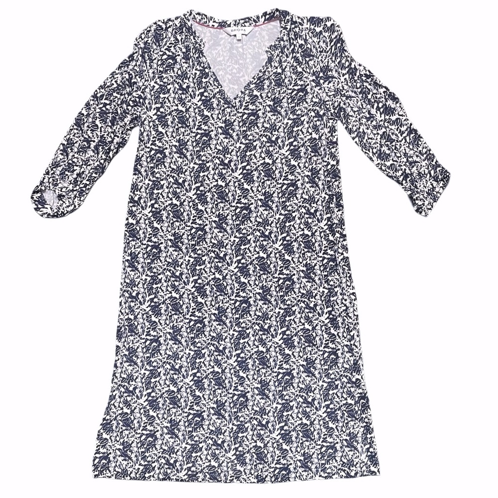 Brora Navy Print Jersey V neck Midi Dress Size 6 3/4 sleeves - Picture 4 of 12